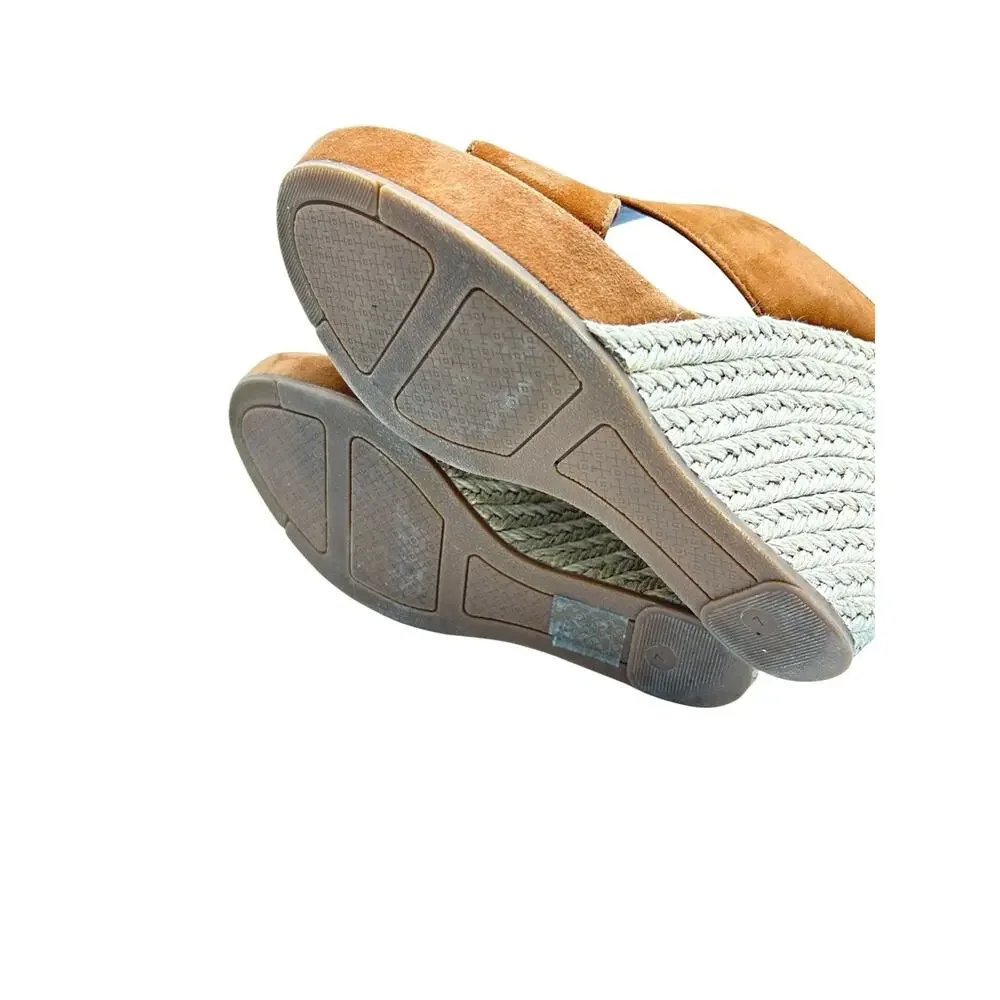 Tory Burch Bailey Sandals Caramel Suede Upper Espadrille Wedge Size 7 Gold Logo
